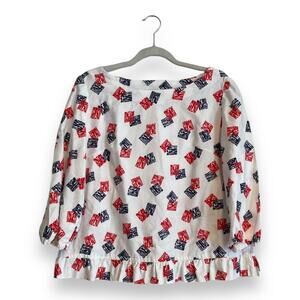 Womens Vintage Hand Made Red White Ruffle 3/4 Sleeve Boat Neck Tunic Top Size XL